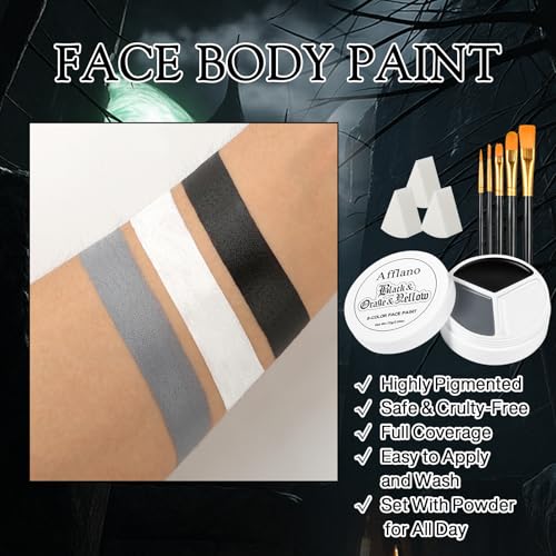Black White Gray Face Paint Palette ? Oil-Based Grease Makeup 3-in-1 Jar with 5 Brushes & 3 Sponges ? Waterproof, Sweat-Proof, Easy On & Off SFX Makeup for Halloween, Cosplay, Gothic & Stage Looksy