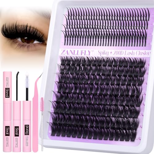 Lash Clusters Kit with Spikes Volume Cluster Eyelash Extension Kit Spiky Eyelash Clusters Wispy Lash Extension Kit 200D Individual Lashes with Lash Glue and Tweezers DIY at Home by zanlufly