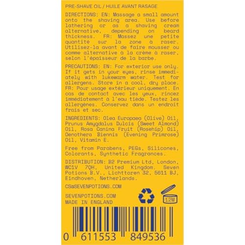 Seven Potions Pre-Shave Oil For Men ? Ideal for Sensitive Skin, Helps Prevent Irritation, Lubricates and Protects Face ? Natural, Vegan, Cruelty Free (1 Fl Oz)