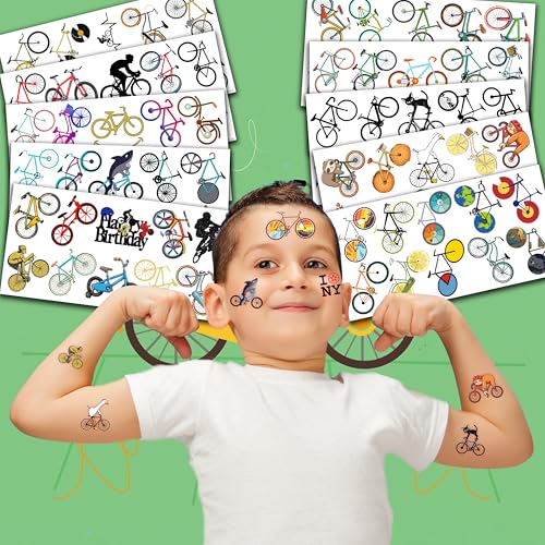Bike Temporary Tattoos 10 Sheets 100 PCS Bicycle Party Decorations Favors Supplies Cycling Theme Birthday Stickers Gifts for Boys Girls Kids Class School Prizes Carnival Christmas