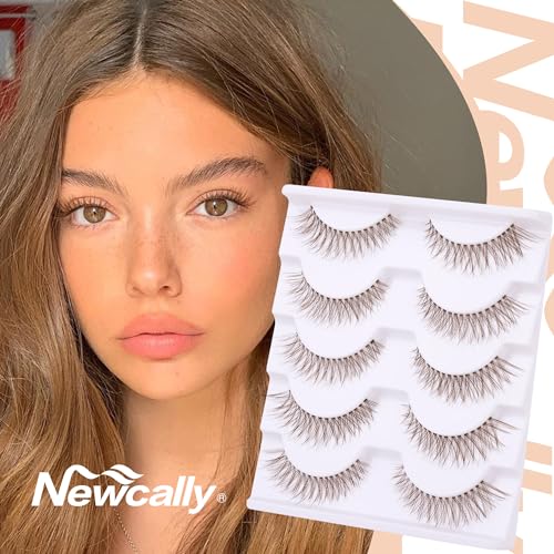 Brown Lashes Natural Look Cat Eye Lashes Brown Eyelashes Faux Mink False Lashes Wispy Volume C-curly Short False Eyelashes with Clear Band by Newcally