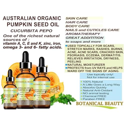 Botanical Beauty Australian ORGANIC PUMPKIN SEED OIL 100% Pure Natural Virgin Unrefined Cold Pressed Carrier Oil. 1 Fl.oz.- 30 ml. for Face, Skin, Hair, Lip, Nails