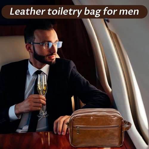 6Pcs Leather Toiletry Bags for Men, Water Resistant Groomsmen Gifts Set Men's Travel Shaving Kit Wedding Proposal Gift for Best Man Father (Brown)