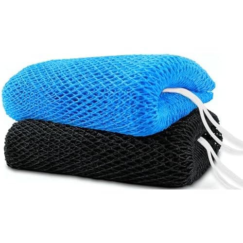Real African Net Sponge ? 2 Pieces Extra Long Exfoliating Back Scrubber, Gentle Yet Effective for Dead Skin Removal & Improved Circulation£¨Black & Blue£©