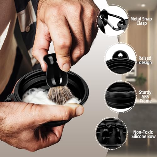 Shaving Brush Set for Men,3 in-1Natural Badger Hair Shaving Brush,Foldable Silicone Bowl, Spiral Opening Brush Case, Portable Wet Shave Gifts Used in Home and Travel (Black)