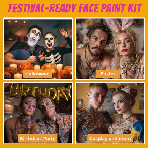 Face Painting Kit Professional, Water Based Face Paint Kit, Non Toxic Face Paint Palette with Body Glitter Gel, Neon Face Paint, Glitter Face Paint & 10 Face Paint Brushes for Halloween, Easter
