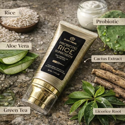 ivoryloom SPF 50 PA++++ Mineral Sunscreen | Fast Absorbing Hydration with Rice Ferment, Niacinamide, Hyaluronic Acid, Titanium Dioxide | Broad Spectrum | No White Cast | Reef Safe | 1.7 OZ