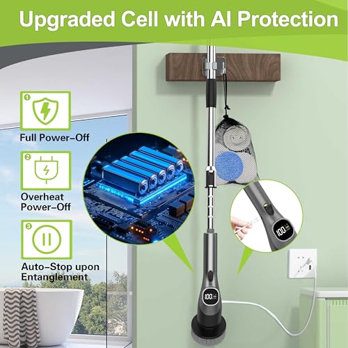 WKY-G3-Electric Spin Scrubber - Upgraded 10-in-1 IPX7 Waterproof Shower Cleaner Brush, Retractable Handle & 2-Speed for Toilet, Bathroom, Bathtub, Tile Floors Black