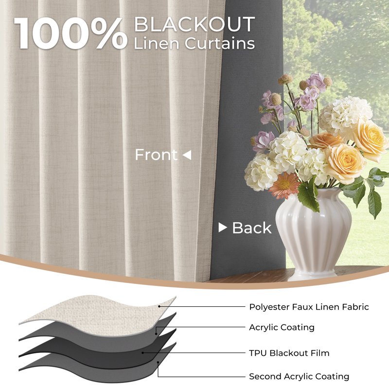 Blackout Curtains Set of 2 - Room Darkening Faux Linen Thermal Insulated Drapes