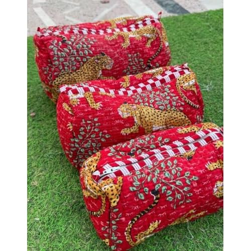 YILLE Set of 3 Pieces Block Printed Travel Organizer Kit Storage Bag for Women Makeup Bag Travel Cosmetic Bag (Red Cheetah)