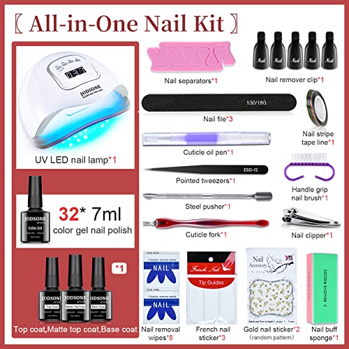 JODSONE Gel Nail Polish Kit with U V Light 32 Colors Gel Polish Nail Kit 4 Bottles of 15ML Nail Dehydrator Nail Primer Base Coat Top Coat Glossy Surface Quick Drying Durable