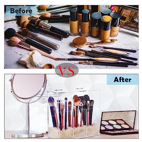 Acrylic Makeup Brush Holder with Lid - Clear Cosmetic Make up Brush Organizer and Storage Box with Dustproof Cover for Vanity - Large Capacity 3-Slots Container for Brushes (White)