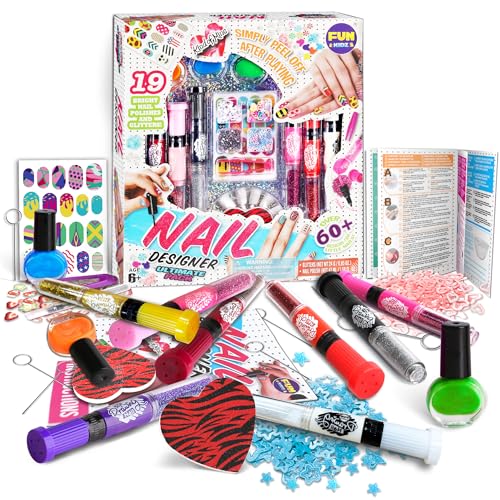 Nail Polish Pens Kit for Girls Ages 7-12, FunKidz Nail Pen Combo Kit Teen Gift Peelable Nail Art Studio Set with Cool Girly Decoration Stuff Pearl Beads, Glitter, Nail Stickers, Nail File, Gems