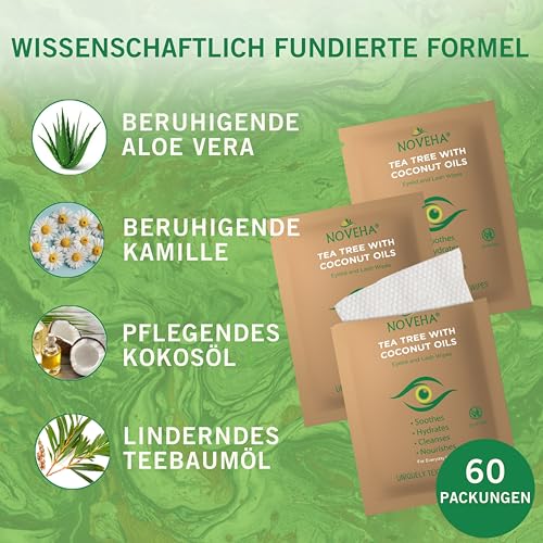 NOVEHA 60PCs Tea Tree & Coconut Oil Eyelid & Lash Wipes - For Demodex, Blepharitis & Itchy Eyes, Individually Wrapped Eyelash Wipes With Aloe Vera, Natural Makeup Remover & Daily Eye Cleanser