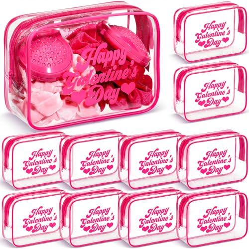 Rtteri 12 Pcs Galentine's Day Gift Bags Hot Pink Clear Makeup Bag with Frame Happy Galentine's Day Makeup Cosmetic Bag Toiletry Storage Purse Bulk for Friends Valentine Party Favors