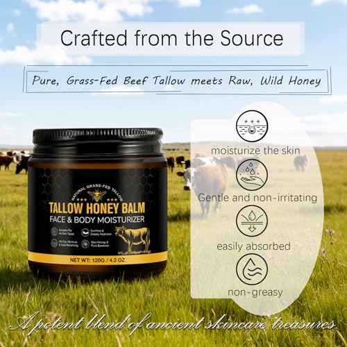 Tallow Honey Balm (4.2 OZ)-Natural Formula with Organic Grass-Fed Beef Tallow & Raw Wild Honey,Moisturizer& Non-Greasy Hydration for Face and Body