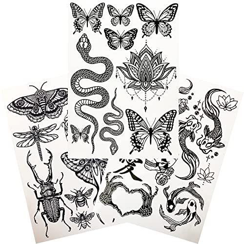 Temporary Tattoo for Adult Women - 3 Sheets - Black Big Moth Snakes Lotus Beetle Scorpion Dragonfly Bee Insect Koi Fish Skulls Love Kanji Sleeve Words Adults Tattoos