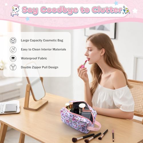 Tokidoki Makeup Bag for Women, Large Capacity Cosmetic Organizer & Toiletry Pouch with Handle, Official Licensed Unicorno Travel Cartoon Portable Makeup Case