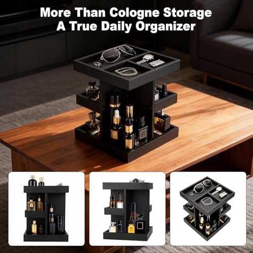 Cologne Organizer for Men, 3-Tier Perfume Stand with 360¡Æ Rotation, Large Capacity Wood Cologne Shelf for Desk, Nightstand Organizer, Dresser, Birthday Christmas Gifts for Men (Black)