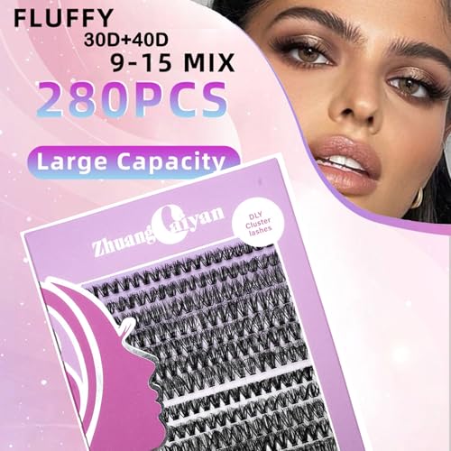 Eyelash Extension Kit 280pcs Individual Eyelashes Kit Cluster Lashes Natural Cluster 9-15mm Lash Extension Kit (30D&40D-9-15MIX KIT) (30D&40D KIT), Black (30D+40D)