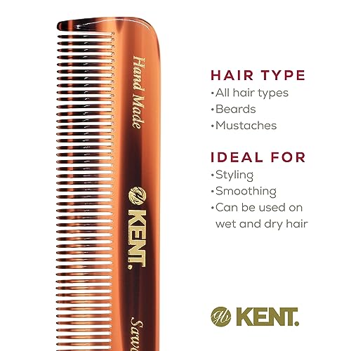 Kent A FOT Handmade Tortoiseshell All Fine Tooth Pocket Comb for Men, Hair Comb Straightener for Everyday Grooming Styling Hair, Mustache Beard, Saw Cut and Hand Polished, Made in England