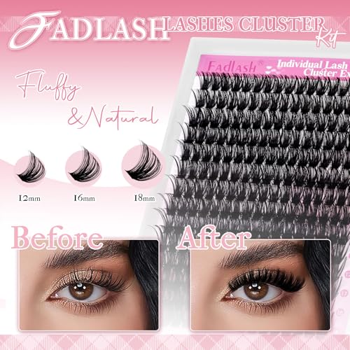 FADLASH Lash Clusters Kit 80D Eyelash Clusters 12-18mm Volume Cluster Eyelashes Extensions Fluffy Lashes Extension with Lash Bond and Seal Lash Tweezer (80D, 12-18mm)