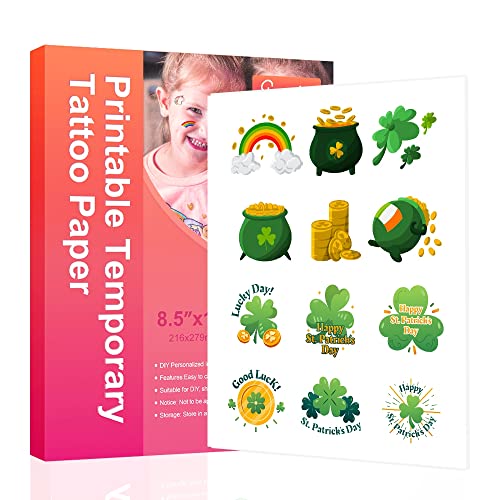 St.patrick¡¯sday Printable Temporary Tattoo Paper for INKJET printer,8.5"X11" 5 Sheets DIY Personalized Waterproof Tattoos Sticker for Skin Custom Cartoon kids tattoos Summer Party Themed Tattoo