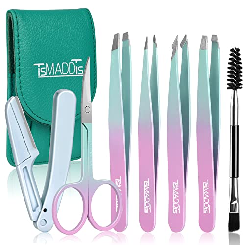 TsMADDTs 7 pcs Tweezers for Women Facial Hair, Precision Tweezer Set for Eyebrows with Curved Scissor and Eyebrow Razor for Ingrown Hair
