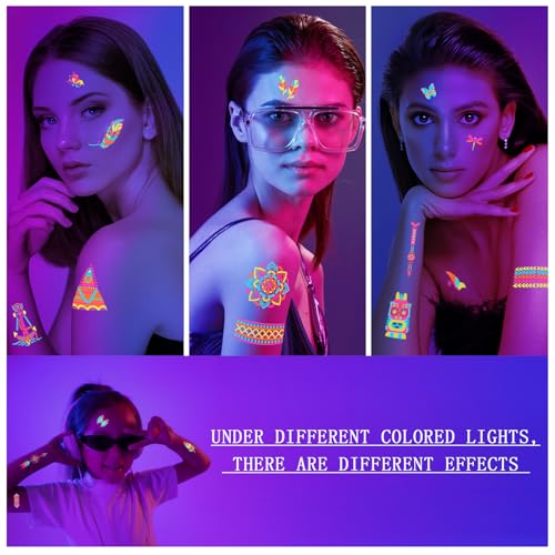 201pcs Glow In the Dark Tattoos for Party Supplies, Glow Temporary Tattoos Under Neon UV Blacklight for Kids Teens and Adult, Glow in The Dark Party Decorations, Glow Party Favors