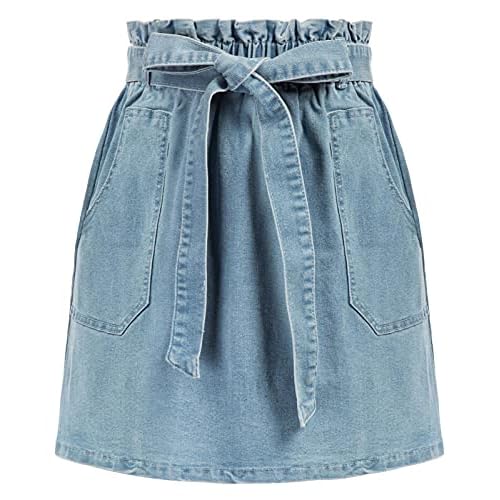 KANCY KOLE Women's Casual High Waist A Line Skirt Denim Skirt Elastic Waist Jean Short Skirt with Pockets
