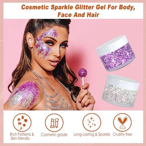 Boko 50ML Body Glitter Gel, Mermaid Chunky Glitter Gel for Face Hair Body Sparkle Makeup, Cosmetic Face Glitter Sequins for Festival Concert Party Rave Accessories - Chameleon Purple
