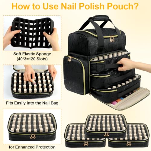 Nail Polish Organizer Backpack Holds 130 Bottles (15ml/0.5fl.oz)& Nail Lamp, Extra Large Nail Kit Storage Bag with 3 Removable Carrying Cases, Nail Tech Supplies Organizer Case for Women Black