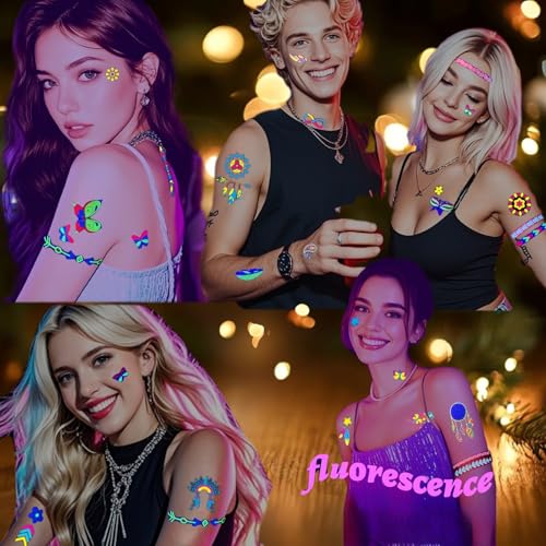Glow in the Dark Tattoos 172 PCS Glow in the Dark Party Supplies,Neon Body Paint Be UV Blacklight Reactive Face Temporary Tattoos for Adults,Teens/Neon Accessories,Party Favors&Decorations