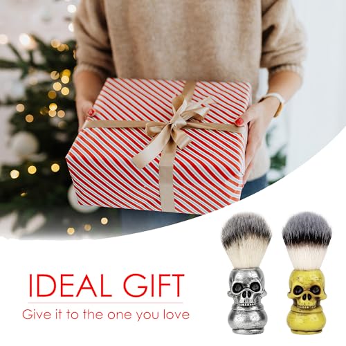 Skull Head Shaving Brush, 2 Pack Soft Shaving brushes for men, Beard Tools, Gifts for Him Dad Husband Brother Boyfriend Grandpa (Yellow, Silver)