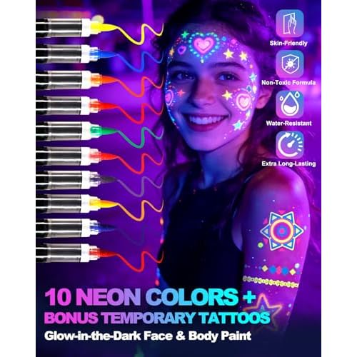 Glow Party Face & Body Paint Markers ? 10 Neon UV Reactive Blacklight Tattoo Pens with Fluorescent Stickers, Water-Resistant, Skin-Safe & Washable for Halloween, Raves (Glows Under UV Light)