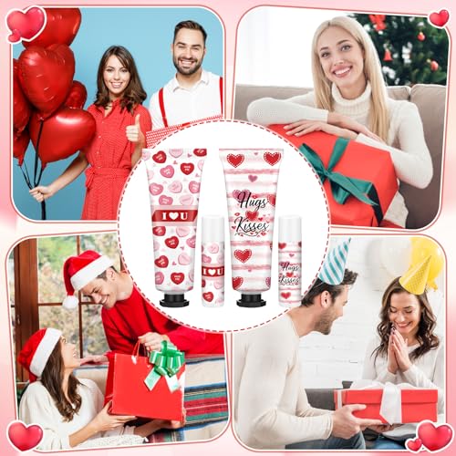 Demissle 24 Sets Bulk Hand Cream & Lip Balm Party Favors for Women ? Red Heart Candy Moisturizing Hand Lotion Set, Easter Basket Stuffers, Teacher & Coworker Appreciation Goodie Bags