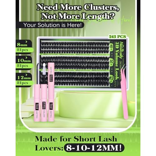 100D Volume Lash Clusters Kit 8-10-12MM Fluffy Eyelash Clusters Short Lash Extension Kit 243 Pcs Thick Clusters Eyelash Extensions D-Curly 3D Look Individual Lashes Kit by Newcally