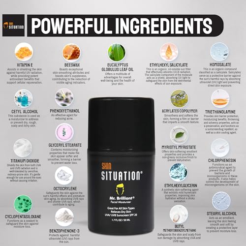 Mr. Brilliant Men Face Moisturizer Age Defense with SPF 20 Daily Face Cream Skincare, Hydrates Dry and Oily Skin, Reduces Fine Lines, Wrinkles and Dark Spots, Made with Natural Extracts 1.7 Fl Oz