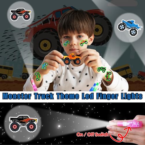 72 PCS Monster Truck Party Favors ? 48 PCS Luminous Tattoos & 24 PCS LED Finger Lights Combo ? Birthday Goodie Bag Fillers, Party Supplies, Gifts Light Up Toys Glow In The Dark for Boys and Girls