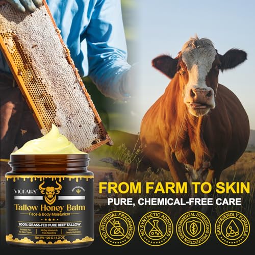 Beef Tallow for Skin, Whipped Tallow Honey Balm for Face -Fed Beef Tallow & Raw Wild Honey - Organic Moisturizer for Soft, Smooth Skin- Light Scent, Moisturizing Natural Formula, 8.4 Oz