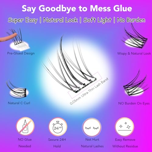 DAODER Self Adhesive Eyelashes No Glue Need, Wispy Self Adhesive Lash Clusters Natural Look, 10-12MM Short Pre Glued Eyelash Clusters C Curl Reusable Stick On Eyelashes(Sunflower 10-12MM)