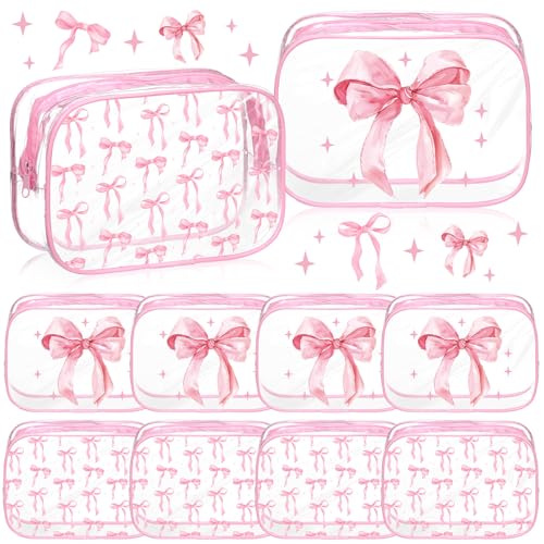 Kacctyen 10 Pcs Pink Bow Clear Makeup Bags Coquette Cosmetic Bag Women Girl for Preppy Bow Gift Accessories PVC Waterproof Travel Toiletry Pouch for Friend Gift
