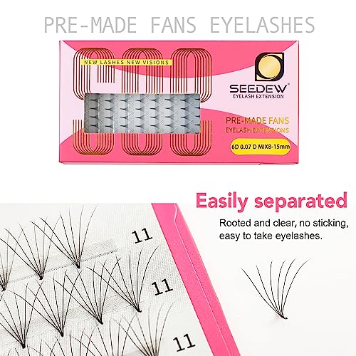 Premade Fans 6D Eyelash Extensions, Pointed Thin Base 8-15mm Mixed Length Professional Volume 6D Lashes for Beauty Salon, Lash Artist Beginner/Tech(6D-0.07-D-Matte Black-120Fans)