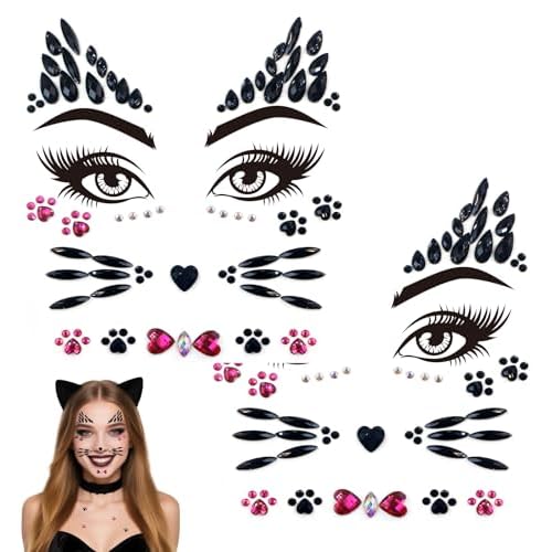 Voiiake Crystal Cat Face Gems Stickers, 2-Sheet Cat Print Gem Jewels, Black Cat Costume Women Accessories for Halloween Makeup