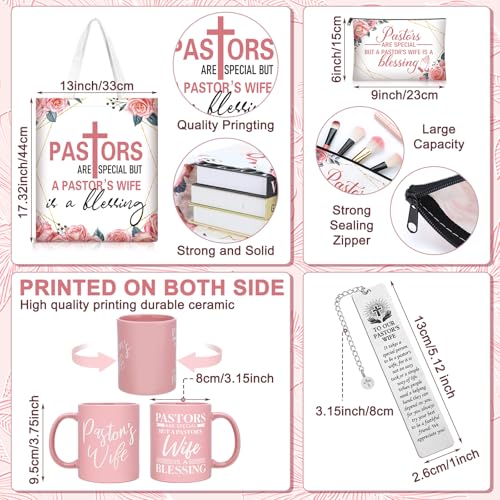8 Pcs Pastor's Wife Appreciation Gifts Set Includes Leather Journal Pen Handbag Makeup Bag Mug Natural Stone Bracelet Bookmark Christian Faith Religious Gifts Mother's Day Thank You Gift