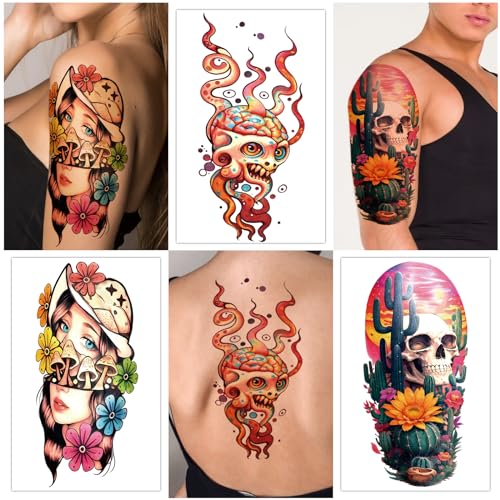 Temporary Tattoo Adult Sleeve, Sugar Skull Mushroom Floral Tribal Eye Half Arm Sleeve Fake Tattoos for Adults Women Men, Waterproof Tiny Tattoos Sticker for Girls Boys and Kids, 77 Sheets