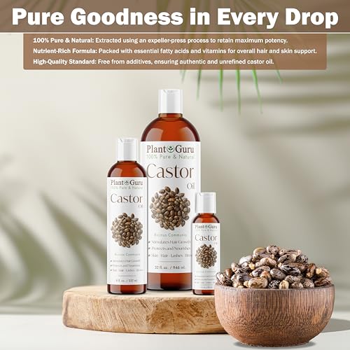Plant Guru Castor Oil 8 fl. oz. Unrefined, 100% Pure Natural Hexane-Free, USP Grade, Hair Growth, Eyebrows and Eyelashes. Skin, Face and Body Moisturizer.
