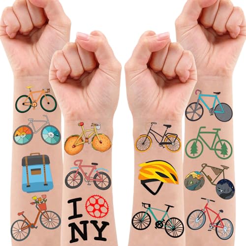 Bike Temporary Tattoos 10 Sheets 100 PCS Bicycle Party Decorations Favors Supplies Cycling Theme Birthday Stickers Gifts for Boys Girls Kids Class School Prizes Carnival Christmas