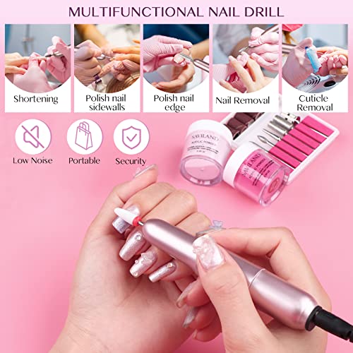 SAVILAND Acrylic Nail Kit with Drill for Beginners - 0.5oz Clear White Pink Acrylic Powder and Liquid Set Nail Brushes Professional Nails Kit Set Home DIY Extension Carving