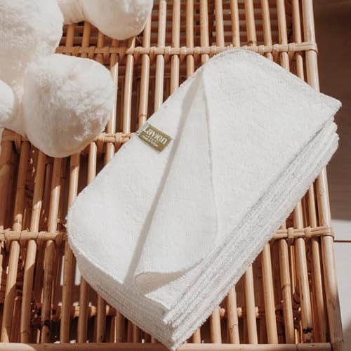 Lavien Home 12-Pack Rayon derived from Bamboo Washcloths with Multi-Purpose Clutch Bag, Ultra-Soft Absorbent Towels for Face, Body, Shower, Make-Up, Baby, and More - Cloud Touch 10"x10" (White)